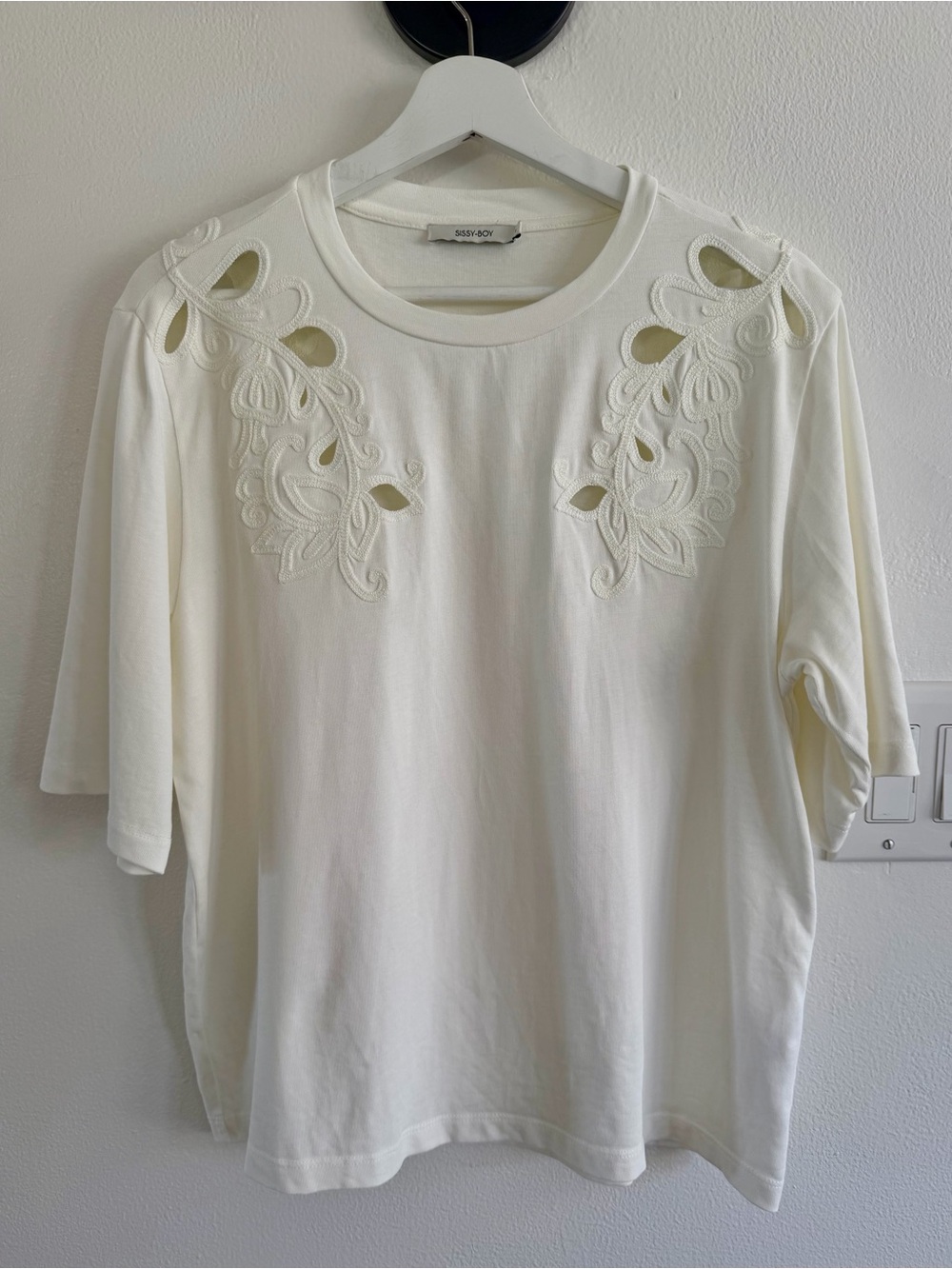 Ivory Embroidered Cutout Short Sleeve Tee